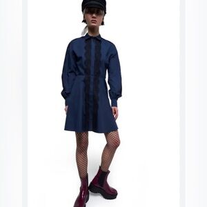 Giambattista Valli Navy eyelash Lace-Trim Shirt Dress Long Sleeves Sz 40/ US S